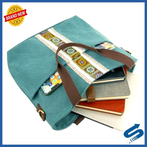 Large Canvas Tote Bag Embroidered Boho Crossbody Shoulder Bag Multi Pocket - Picture 6 of 6